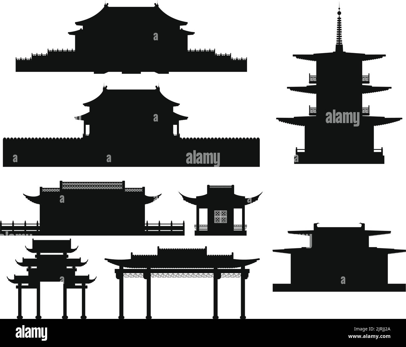 Layered editierbare Vektor-Illustration Sammlung Silhouette der chinesischen traditionellen Stil Gebäude einschließlich Haus, Pavillon, Torbogen, Palast, Pagode. Stock Vektor
