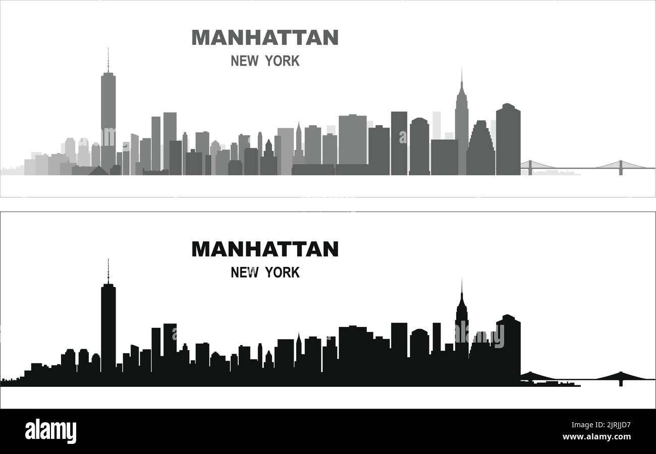Geschichtete editierbare Vektordarstellung Silhouette von Manhattan, New York City, USA, jedes Gebäude ist auf einer separaten Ebene. Stock Vektor