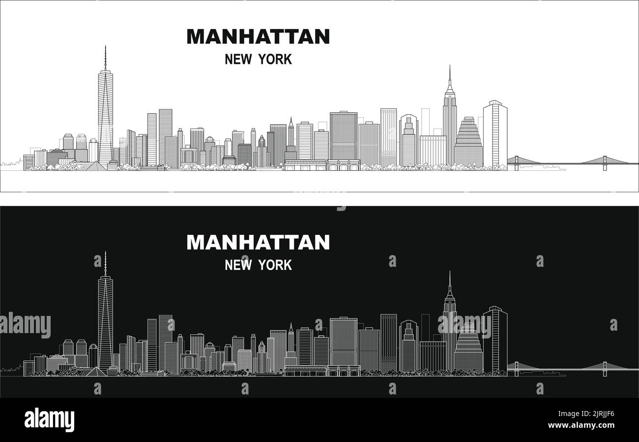 Mehrschichtige, bearbeitbare Vektordarstellung Skyline von Manhattan, New York City, USA, jedes Gebäude befindet sich auf einer separaten Ebene. Stock Vektor