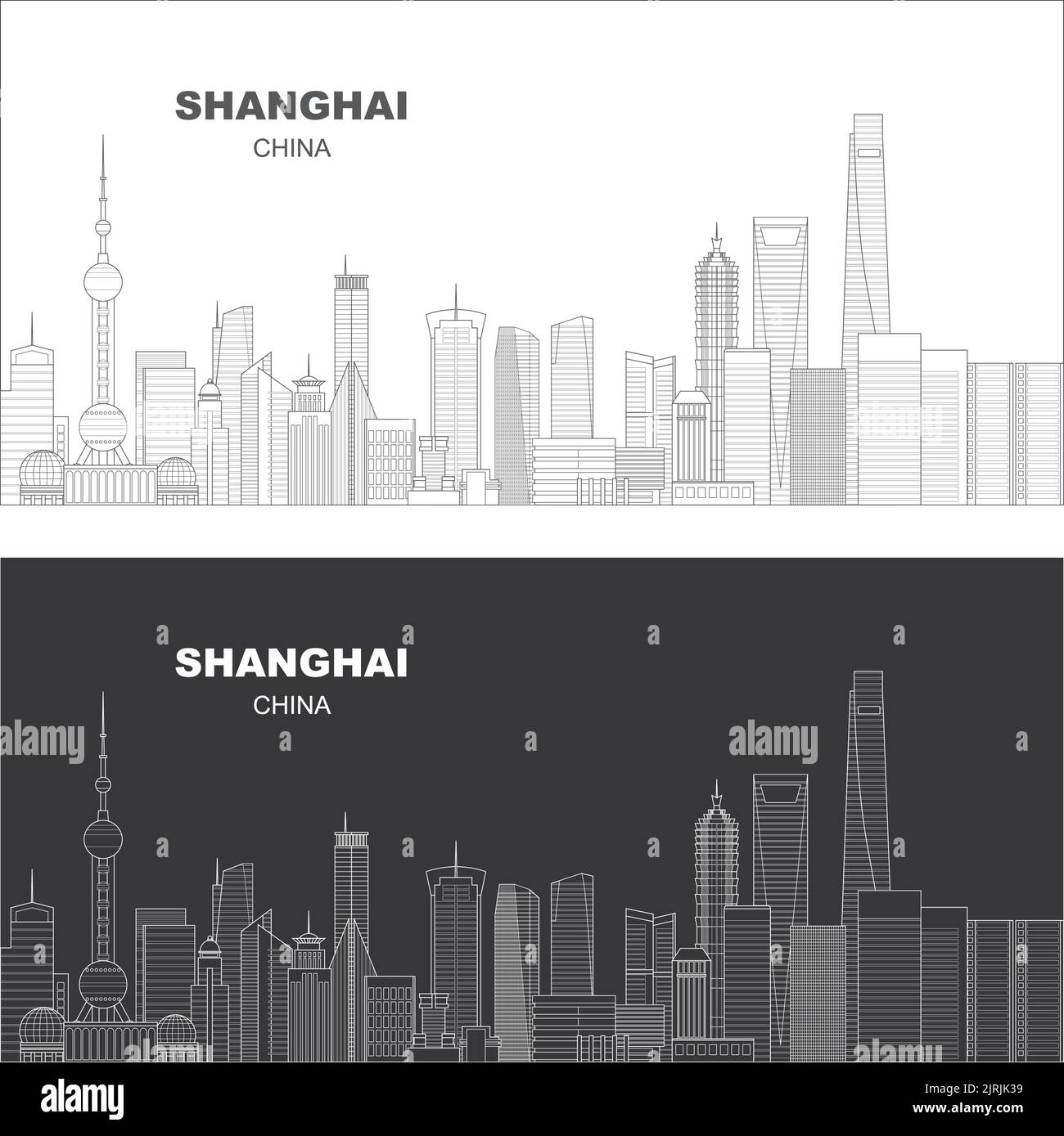 Mehrschichtige, editierbare Vektordarstellung Skyline von Shanghai, China, jedes Gebäude befindet sich auf einer separaten Ebene Stock Vektor