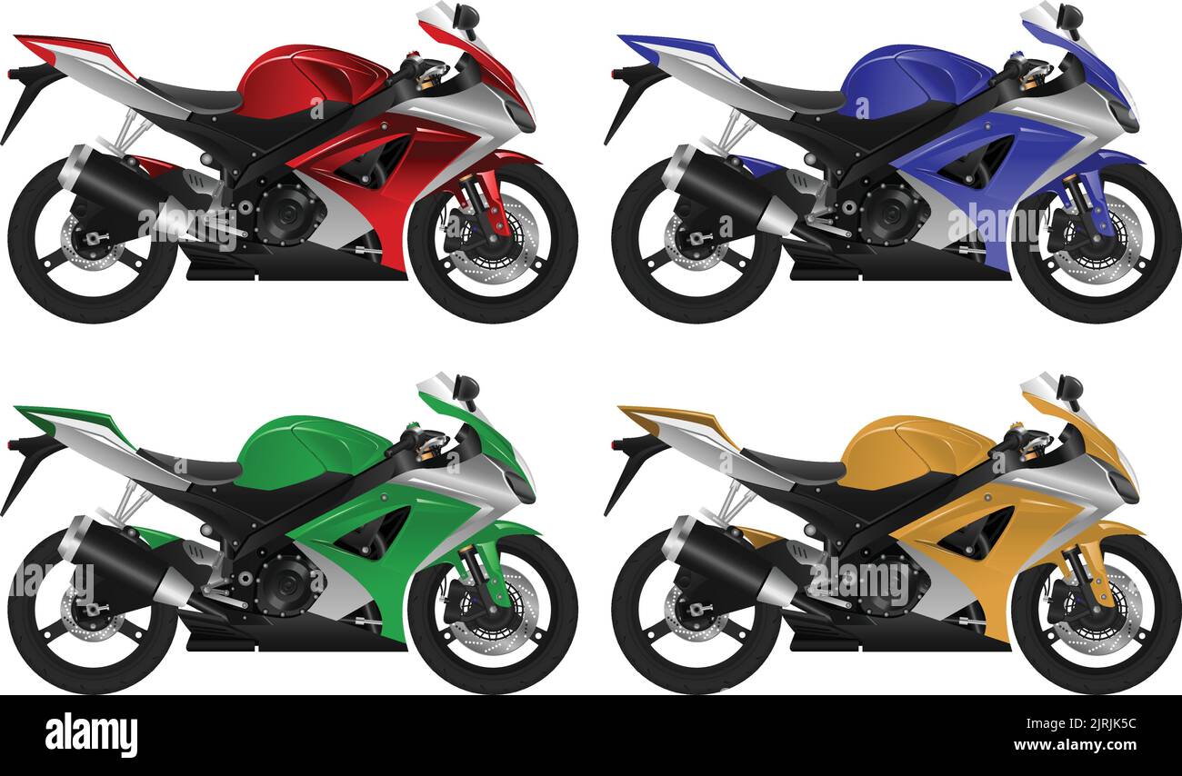 Mehrlagige, editierbare Vektordarstellung eines realistischen Motorradmusters in verschiedenen Farben. Stock Vektor