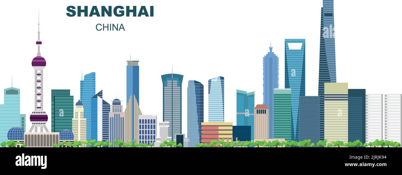 Mehrschichtige, editierbare Vektordarstellung Skyline von Shanghai, China, jedes Gebäude befindet sich auf einer separaten Ebene Stock Vektor