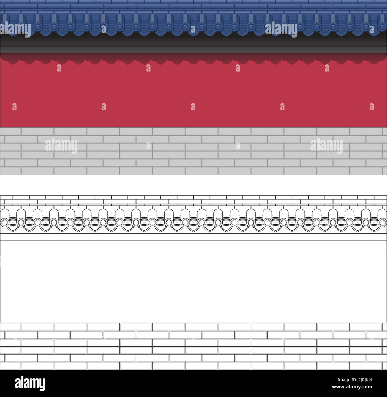 Geschichtete editierbare Vektor-Illustration der chinesischen traditionellen alten Backsteinmauer Stil mit schönen blau glasierten Fliesen und roter Farbe. Stock Vektor