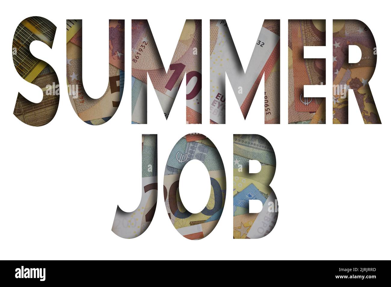 Summer Job Wort mit Geld. Papierwährung Hintergrund mit verschiedenen Banknoten. Stockfoto