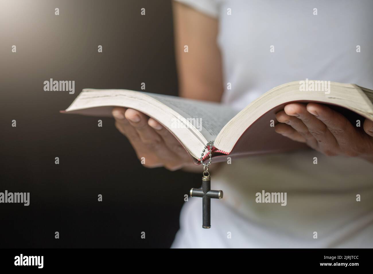 Frau, die am Morgen auf der heiligen bibel betet. Frau, Hand mit der Bibel, die betet. Stockfoto