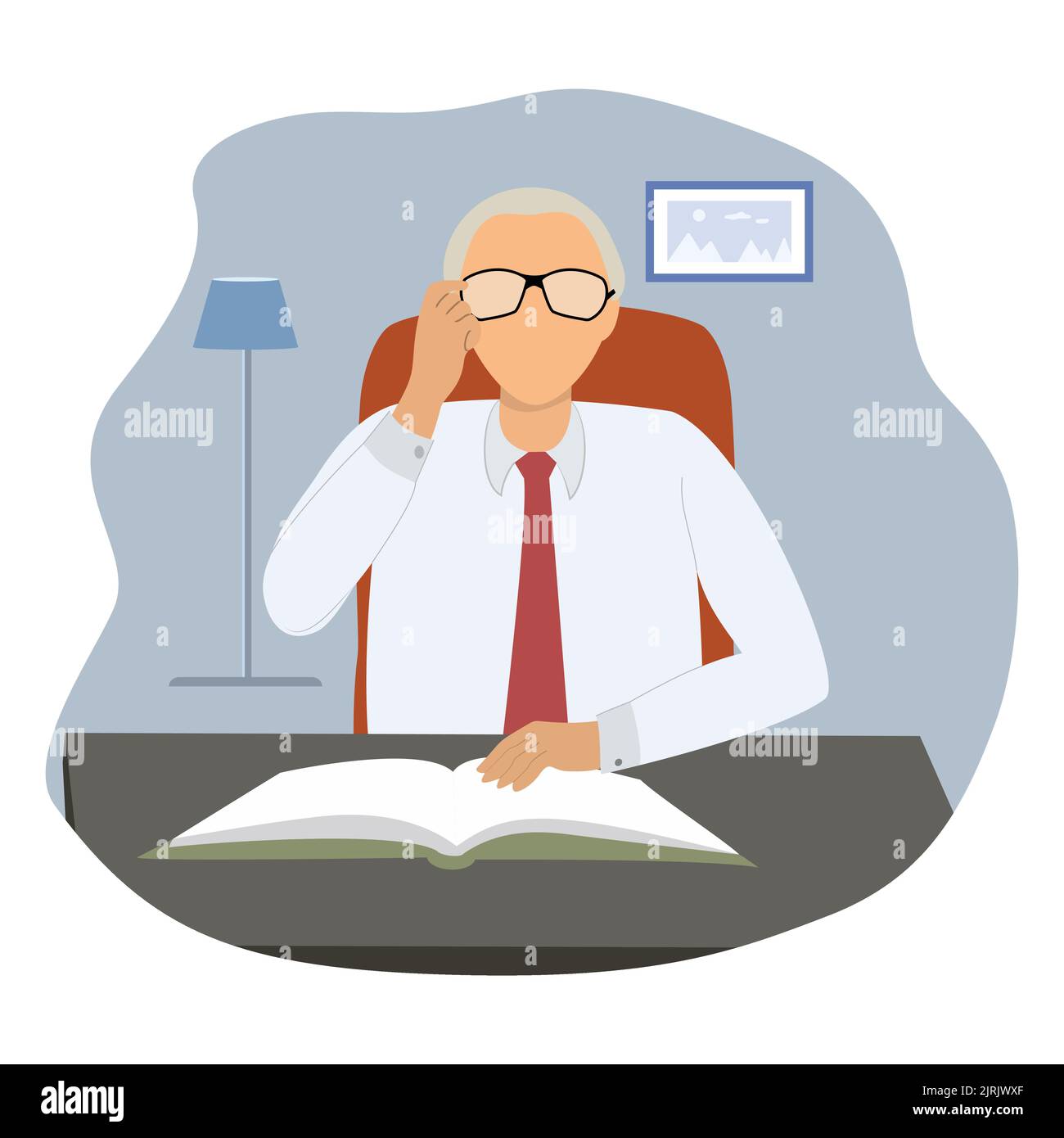 Unternehmer in einem Anzug, der an seinem sauberen und eleganten Schreibtisch an einem Laptop arbeitet. Flache Farbe moderne Vektor-Illustration. Stock Vektor