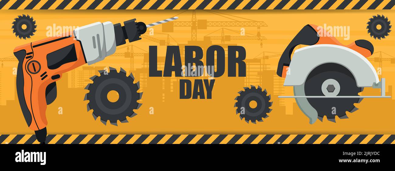 Labor Day industriellen Hintergrund mit Arbeitswerkzeugen wie Bohrer und Kreissäge Stock Vektor