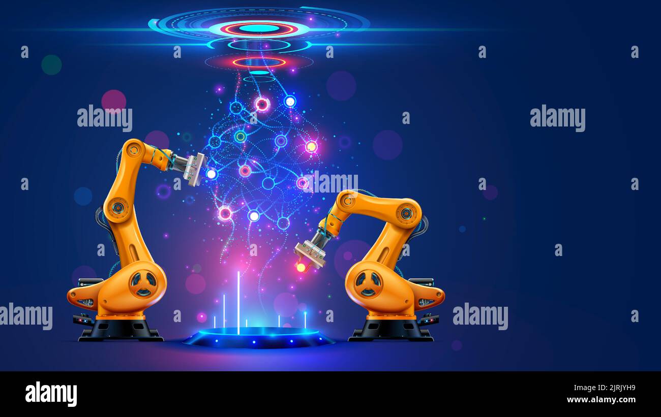 Neuronales Netzwerk oder künstliche Intelligenz in der Industrie 4,0. Roboterarme schaffen neuronales Netzwerk auf dem Podium in der virtuellen Realität. Industrielle Revolution Stock Vektor