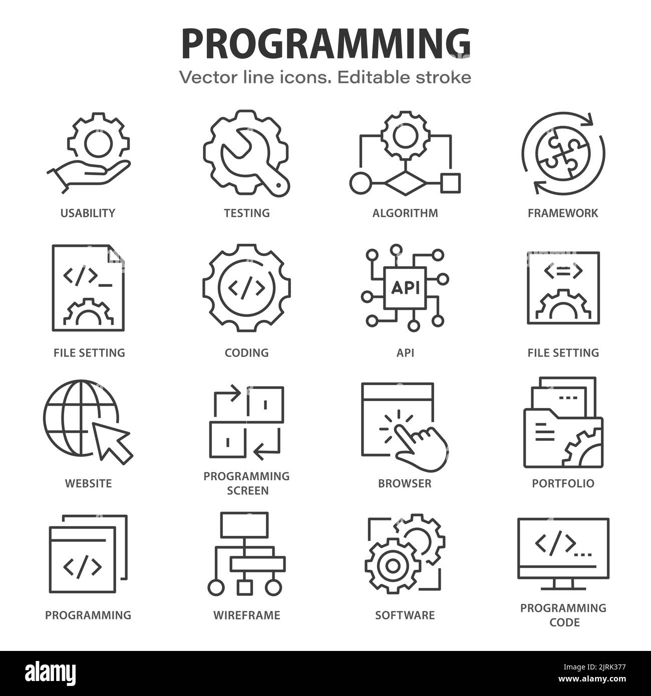 Symbole für die Programmierzeile. Set von Software, Code, Web, entwickeln und mehr. Bearbeitbare Kontur. Stock Vektor