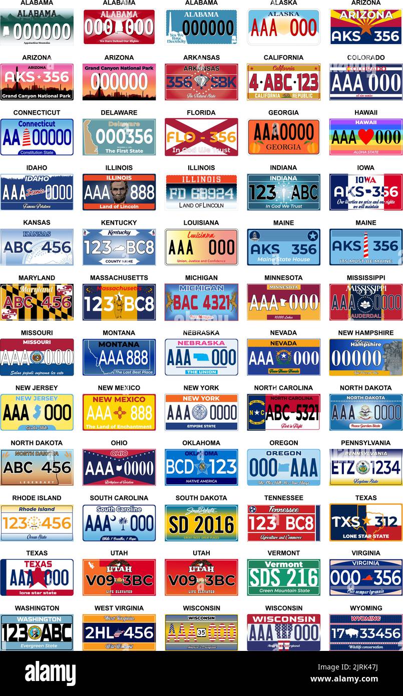 Komplettset 60 United States Nummernschilder - Alle 60 USA, Sonderdesign und Verordnung für alle Staaten, Fahrzeugnummern der Fahrzeugzulassung in Stock Vektor
