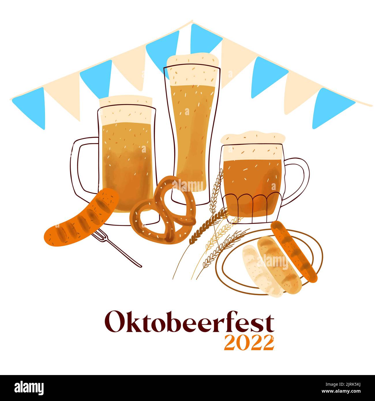 Octobeerfest 2022 Illustration mit stilisierten Bierbechern, mit traditionellen Snacks Brezel und gegrillter Wurst auf weißem Hintergrund Stock Vektor