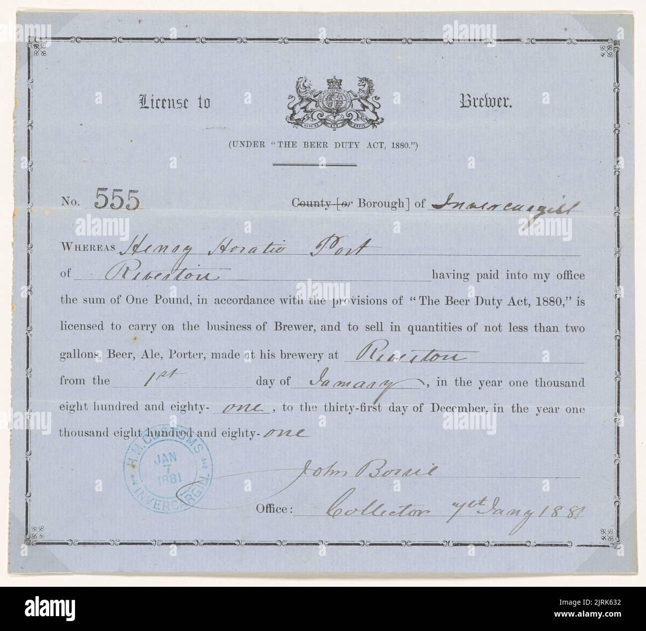 Lizenz an Brewer, 7. Januar 1881, Invercargill, von John Borrie. Stockfoto