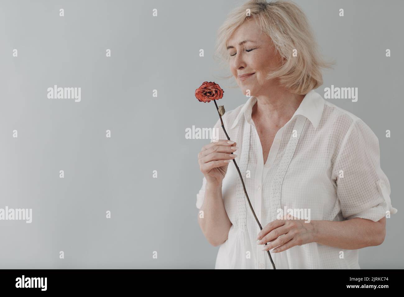 Traurige ältere Frau im weißen Hemd hält eine trockene, alte, tote Rosenblume. Alter und Alterungskonzept. Stockfoto