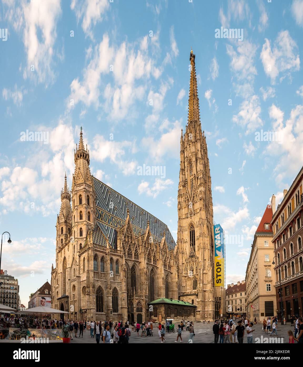 Wien, Österreich - 11. August 2022: Stephansdom, der Wiener Dom erhebt sich über die Wiener Innenstadt und der Hauptplatz Stephansplatz mit immer Bus Stockfoto