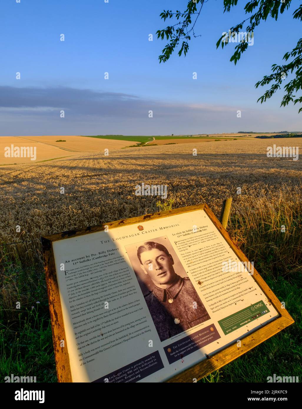 Informationstafel über Private Billy Disbrey, der am 1. Juli 1916 im Lochnagar-Krater in Somme, Frankreich gefallen ist Stockfoto