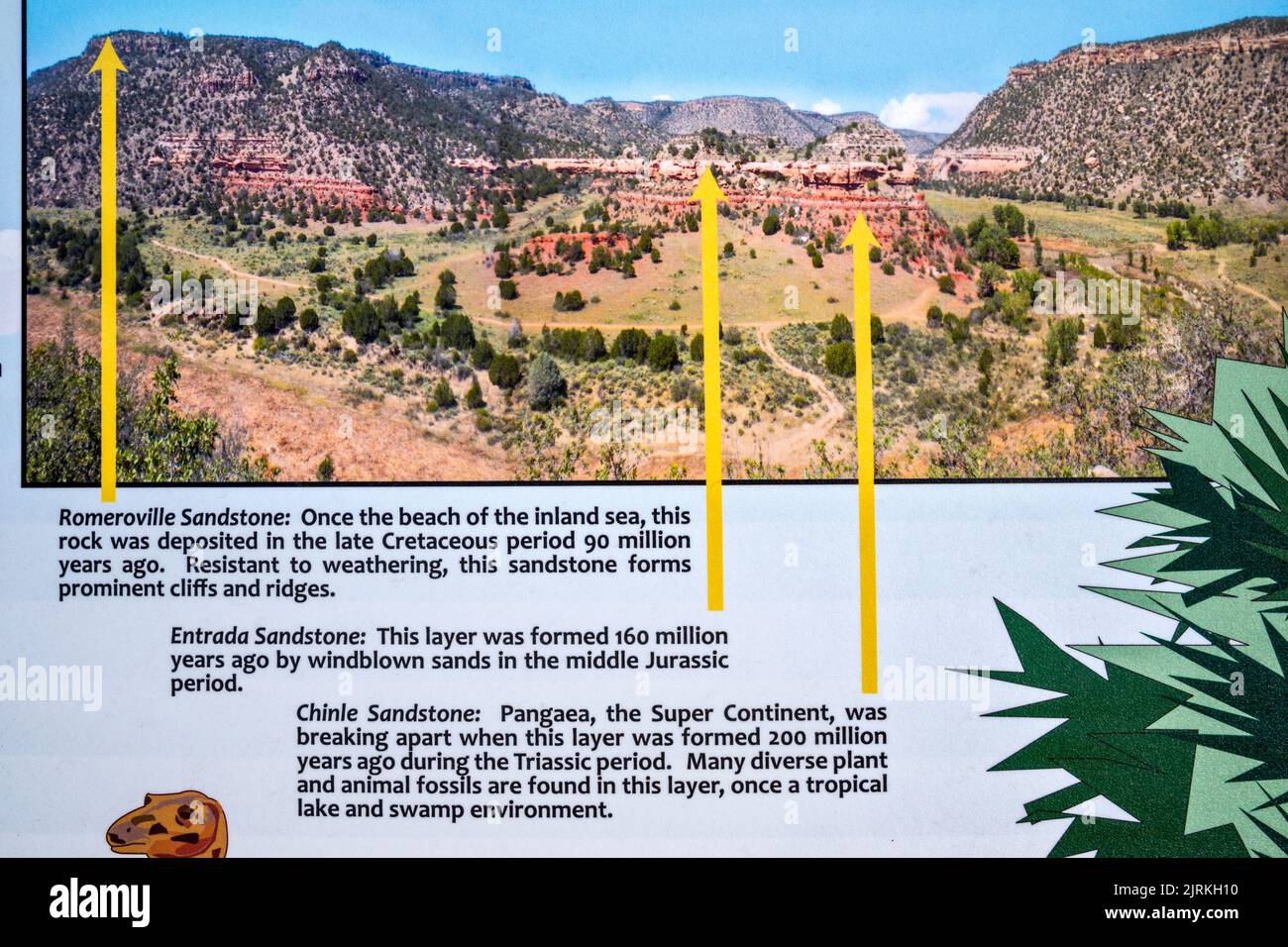 Interpretationszeichen im ehemaligen Orchard-Gebiet, das 1881 im Canadian River Canyon, auch bekannt als Mills Canyon, im Kiowa National Grassland New Mexico, USA, erstellt wurde Stockfoto