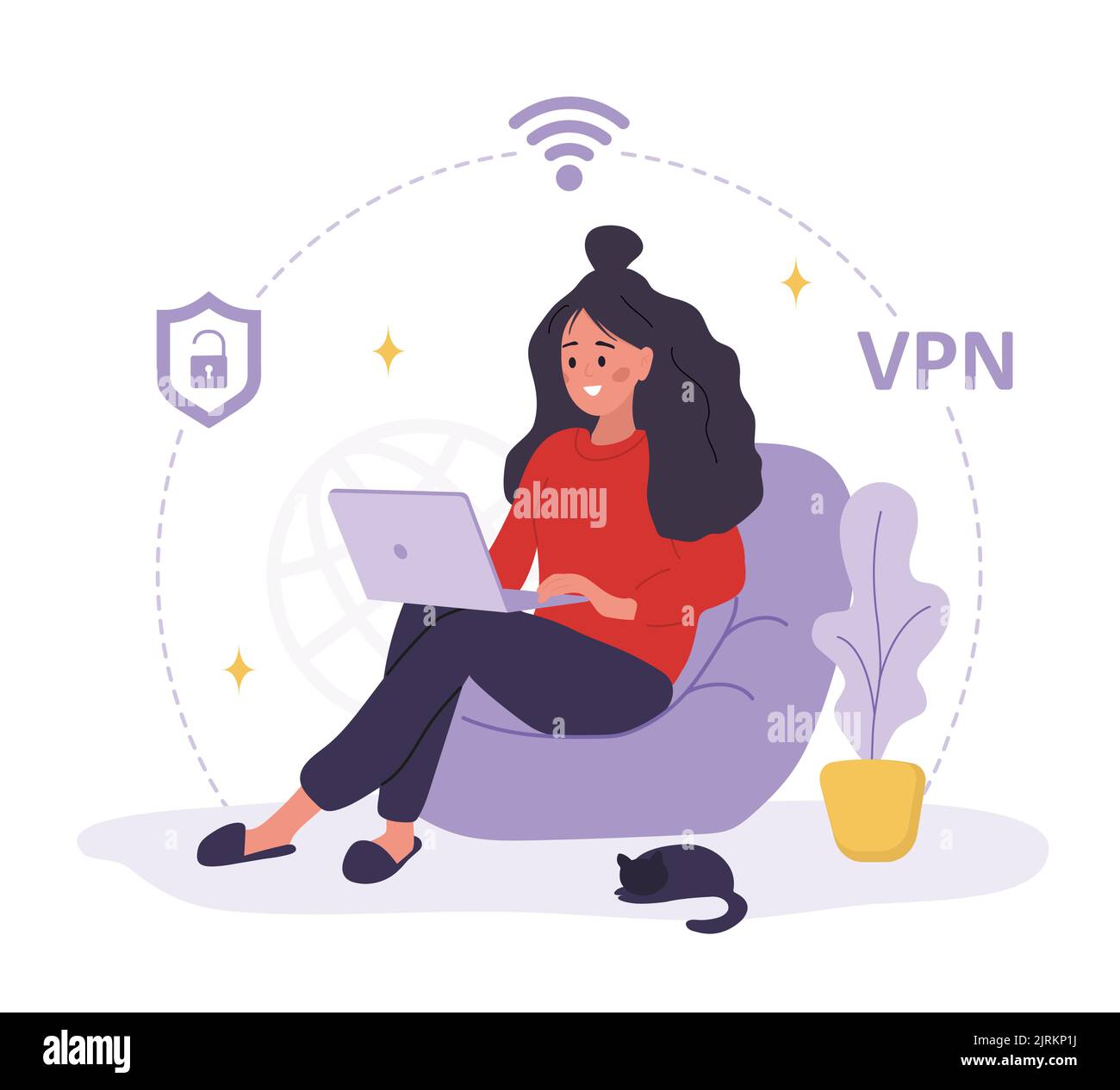 VPN-Dienst. Frau, die ein privates Netzwerk zum Schutz personenbezogener Daten nutzt. Schutz von DNS- und IP-Adressen. Software für Datenbanksicherheit. Vektor Stock Vektor