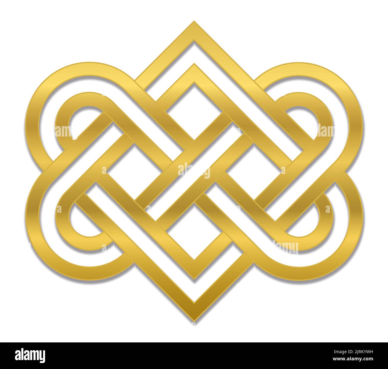 Keltischer Liebesknoten. Altes goldenes herzförmiges Zeichen, das die Verbundenheit zweier liebevoller Menschen darstellt, Illustration auf weißem Hintergrund. Stockfoto