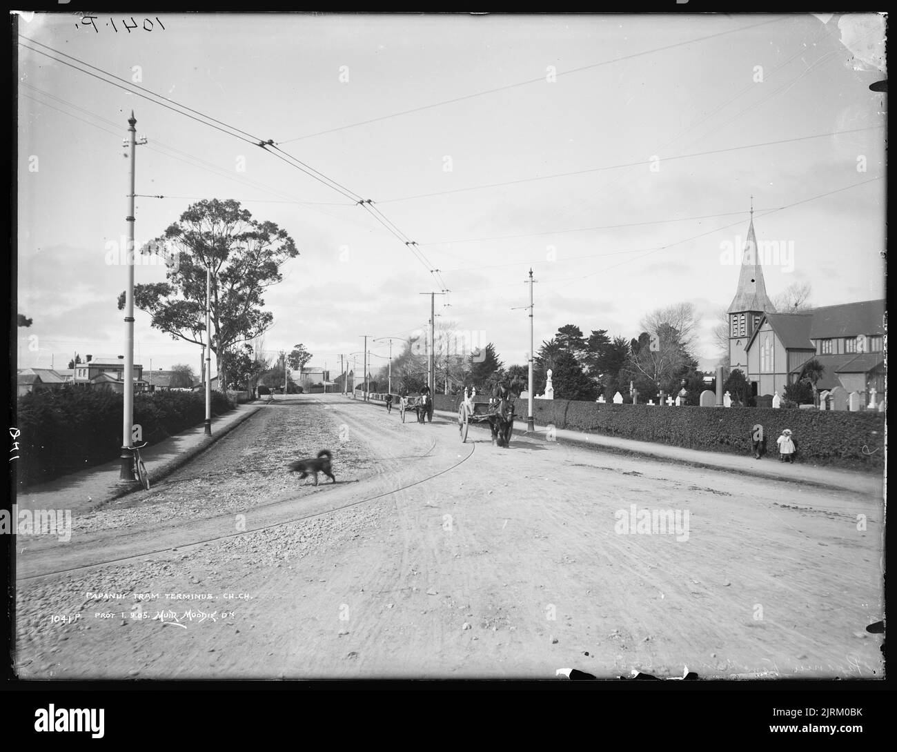 Papanui Tram Endstation, Christchurch, um 1905, Neuseeland, von Muir & Moodie. Stockfoto