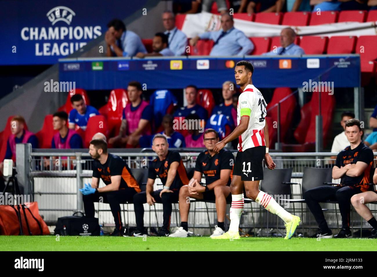 EINDHOVEN - Cody Gakpo vom PSV während des UEFA Champions League-Play-off-Spiels zwischen PSV Eindhoven und dem Rangers FC am 24. August 2022 im Phillips Stadium in Eindhoven, Niederlande. ANP OLAF KRAAK Stockfoto