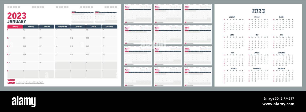 Calendar Planner 2023 in englischer Sprache. Woche beginnen Sonntag, Corporate Design Planer Vorlage. Stock Vektor
