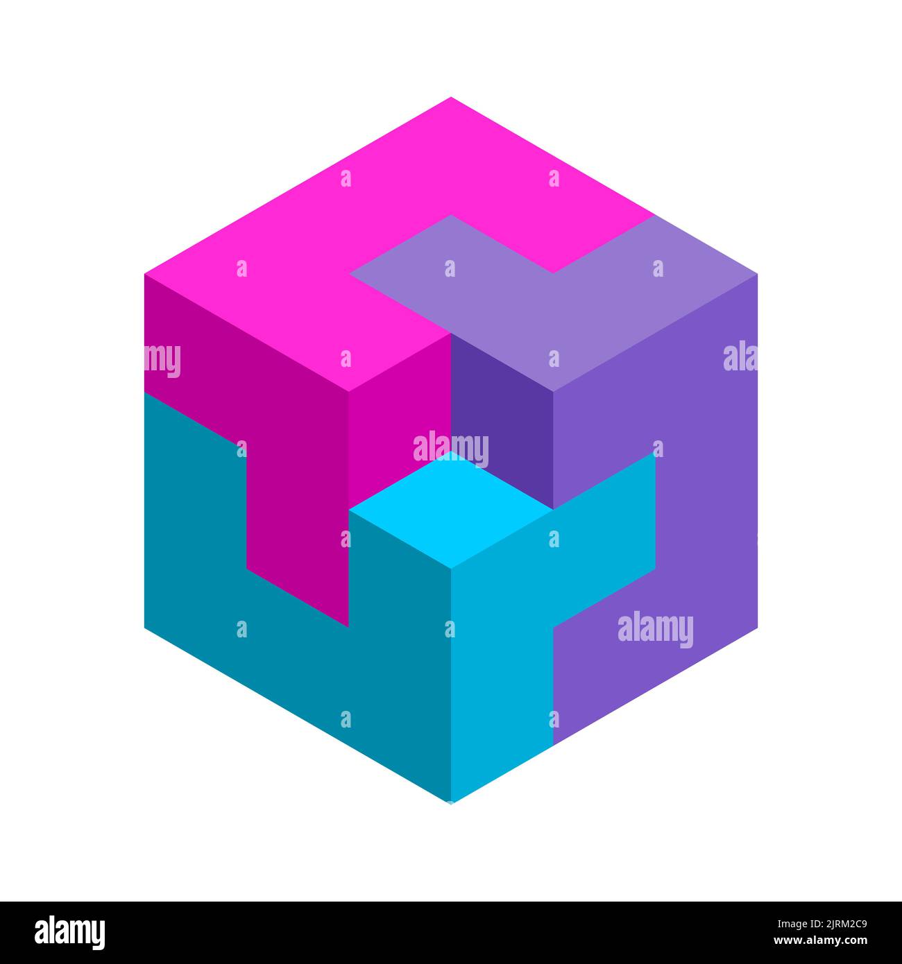 Farbenfroher 3D Würfel aus drei Elementen. Geometrische Form mit einem leeren Raum. Architektur, Konstruktion, Innenarchitektur Vorlage. Puzzle Spielsteine Stock Vektor