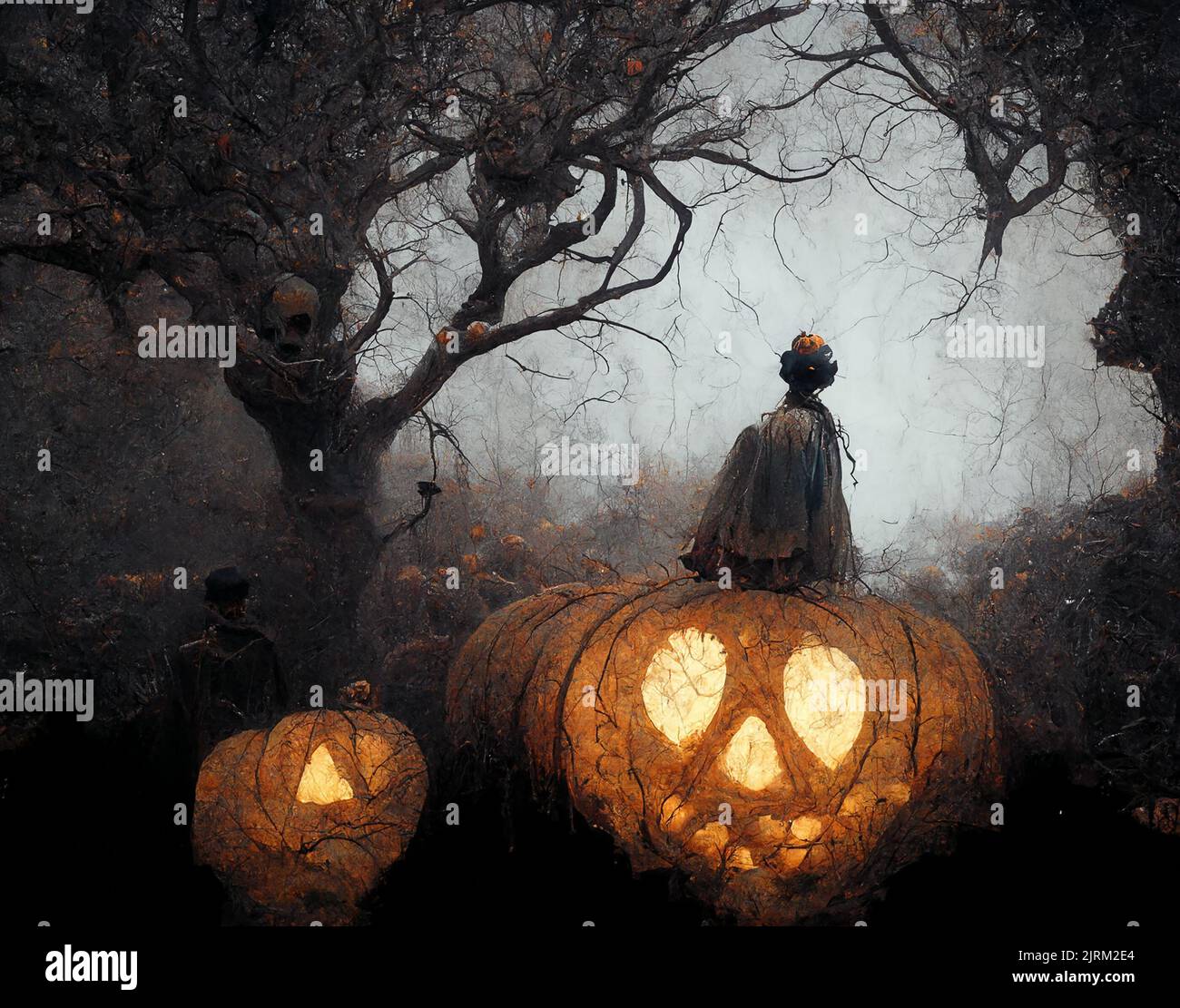Halloween Hintergrund. Gruseliger Waldkürbis auf dem Friedhof. Stockfoto