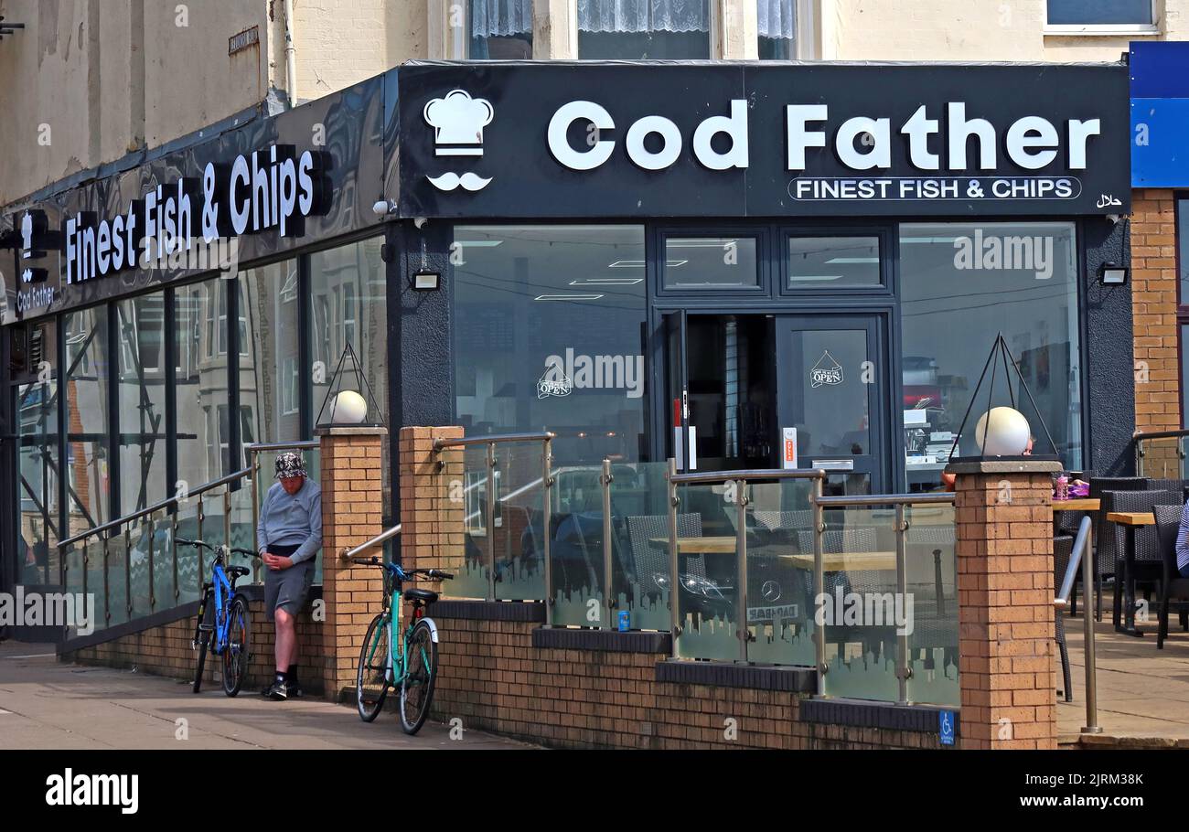 Comic Fast Food Name, The Cod Father, Finest Fish and Chips, 371 The Promenade, Blackpool, Lancs, England, UK, FY1 6BH Stockfoto