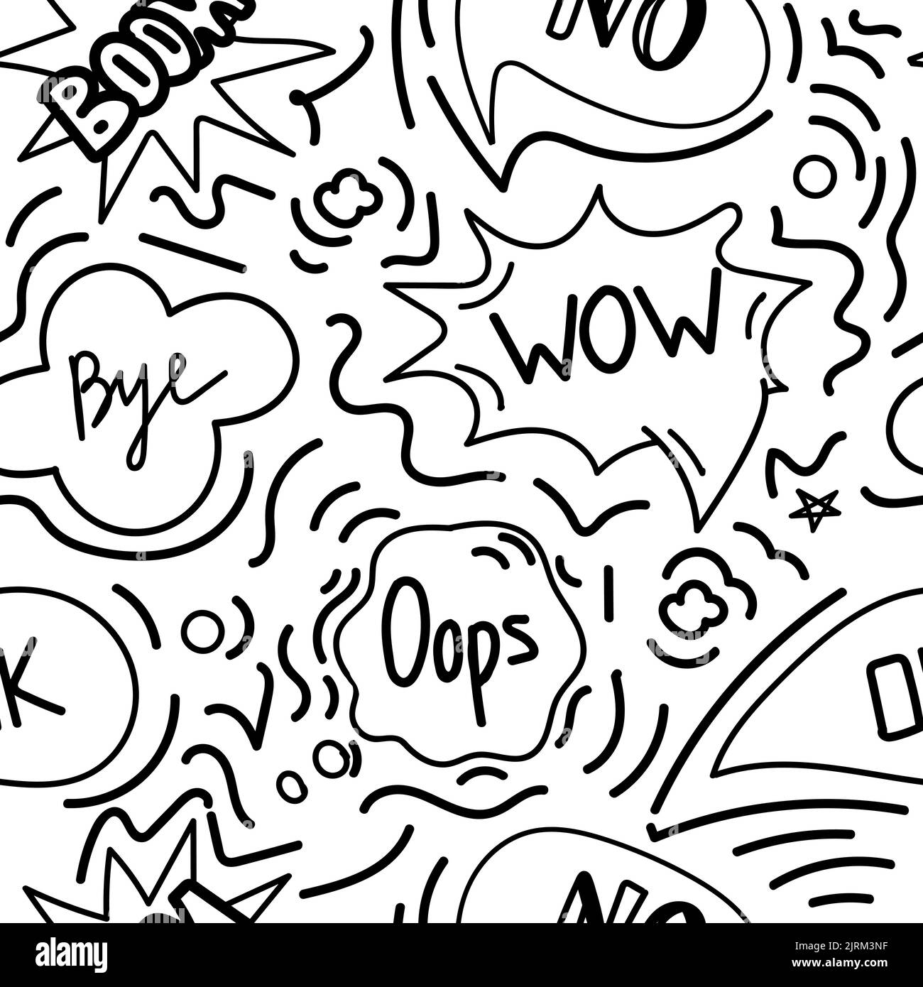 Ein nahtloses Muster aus Sprechblasen mit handgezeichneten Dialogwörtern im Doodle-Stil. Boom, Oops, No, Okay, Wow. Nahaufnahme. Vektorgrafik Stock Vektor