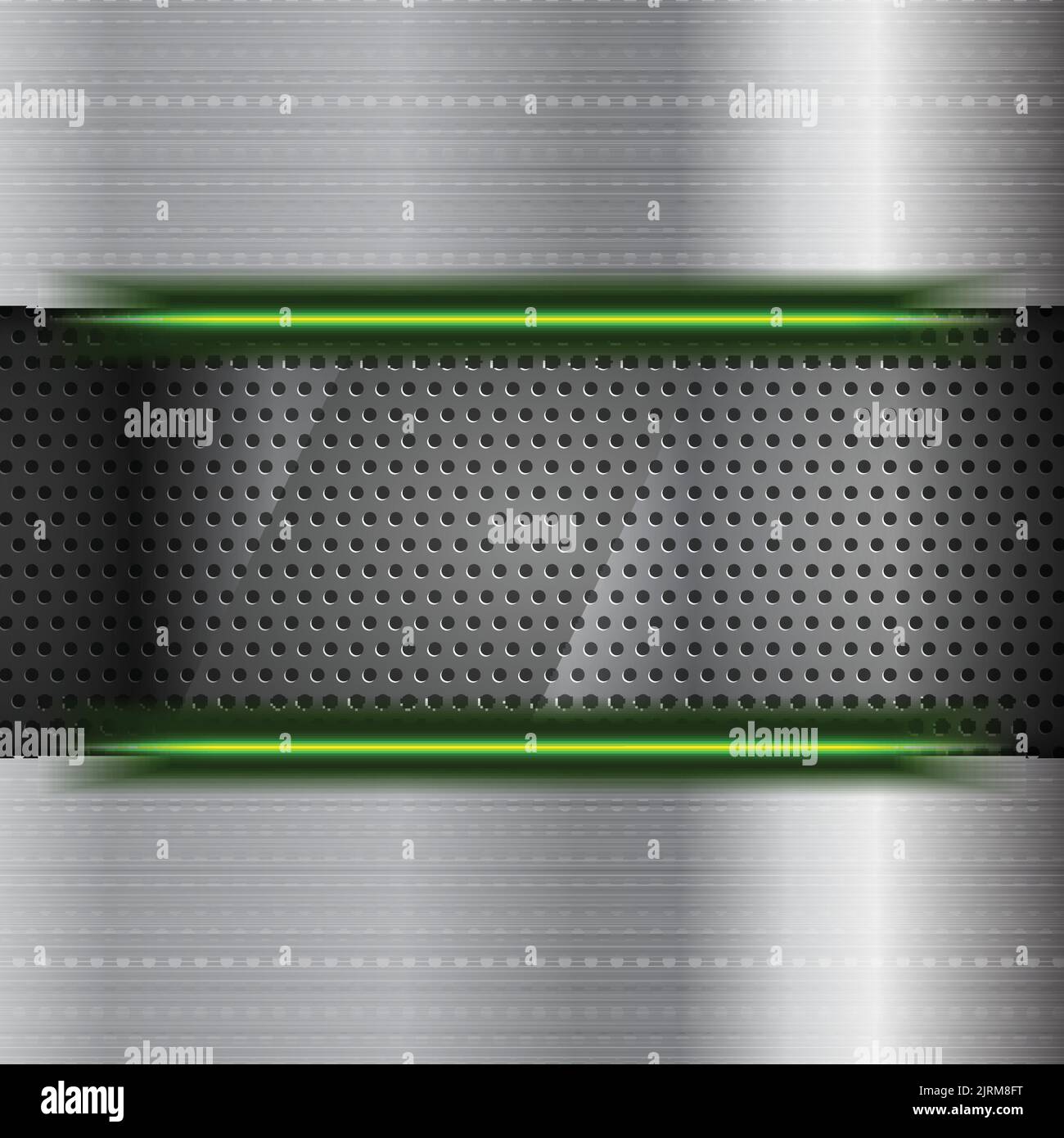 Perforierter Stahlhintergrund mit grün leuchtendem Neonlicht. Vector-Technologie-Design Stock Vektor