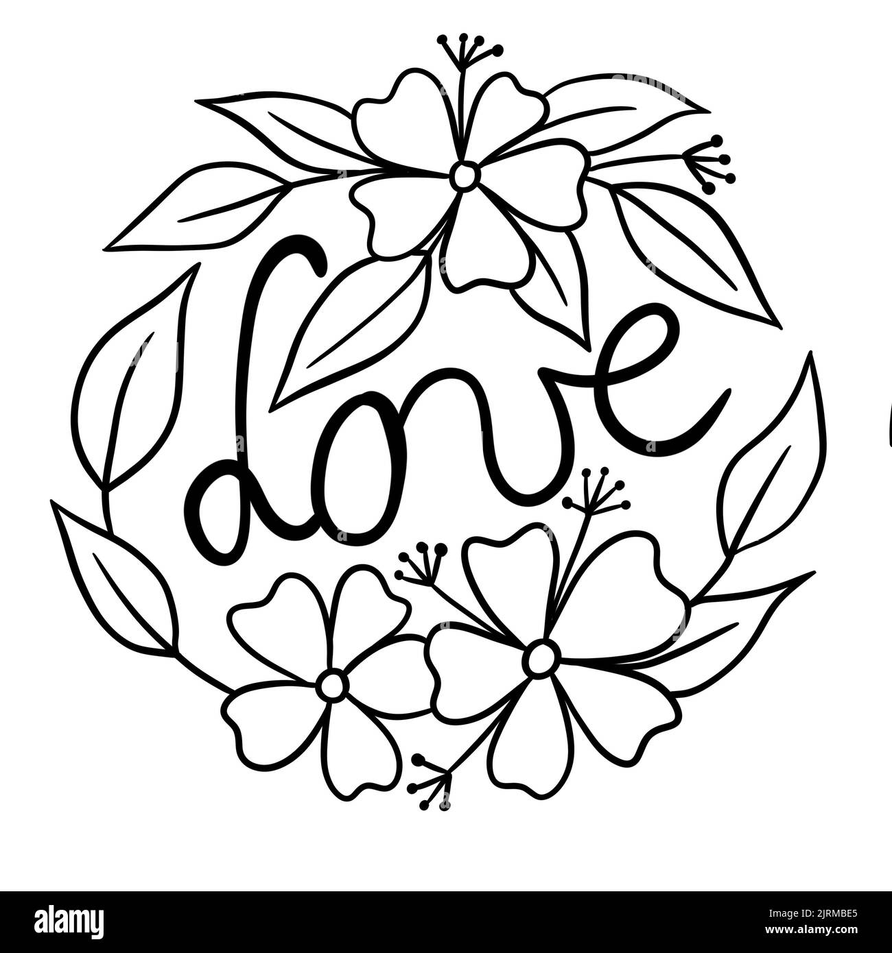 Runde Kreis Illustration mit Blumen Liebe Wort. Design mit schwarzen Linien und Blumenmuster für Valentinstag-Karten mit blühenden Blütenblättern und schlichtem minimalistischem Druck Stockfoto