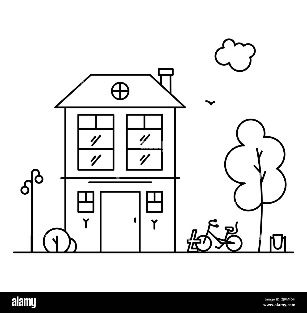 Nachbarschaftslinie Kunst mit einem Haus, einem Fahrrad und einem Baum. Stock Vektor