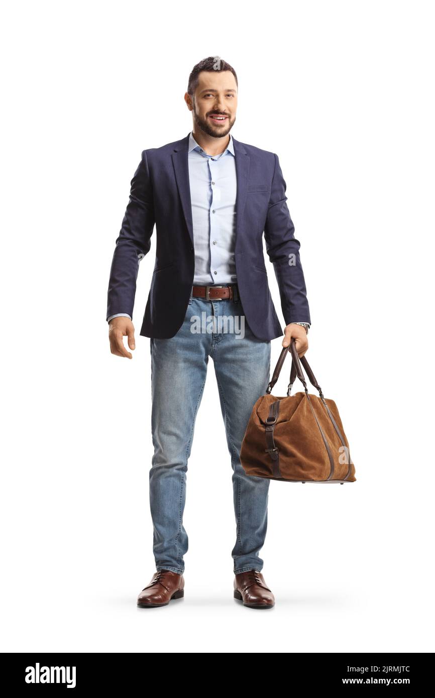 In voller Länge Porträt eines professionellen Mannes trägt eine Tasche isoliert auf weißem Hintergrund Stockfoto