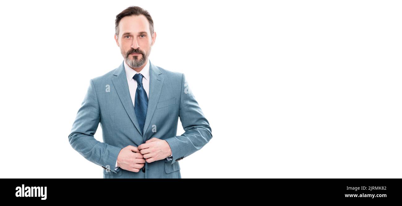 Mann Gesicht Porträt, Banner mit Kopierraum. Serious reifen grizzled ceo in businesslike Anzug isoliert auf weiße, formale Mode. Stockfoto