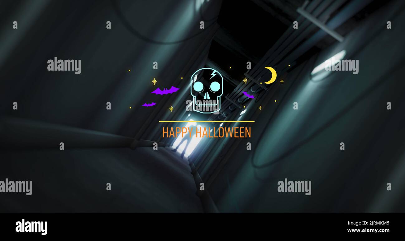 Digitales Bild von Silhouette Mann im Flur mit Schädel und glücklichen halloween-Text stehen Stockfoto