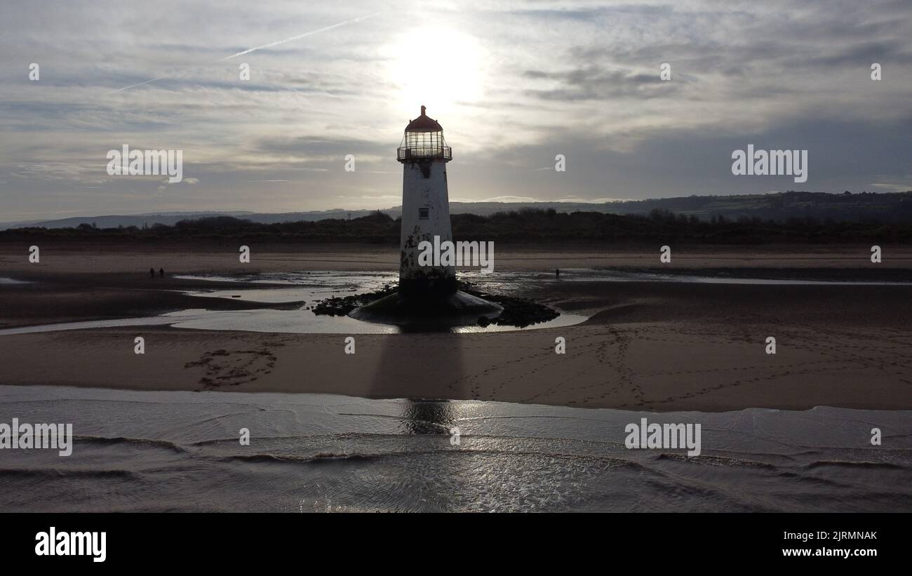 Eine Luftaufnahme des Point of Ayr Lighthouse in Wales, Vereinigtes Königreich Stockfoto