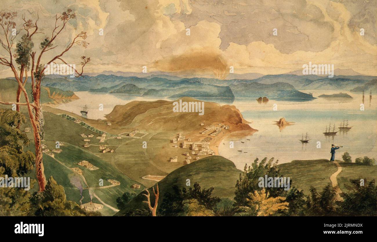 Kororarika, Bay of Islands, Neuseeland, 1843, Neuseeland, Von Charles Johnson Pharazyn. Akquisitionsverlauf unbekannt. Stockfoto