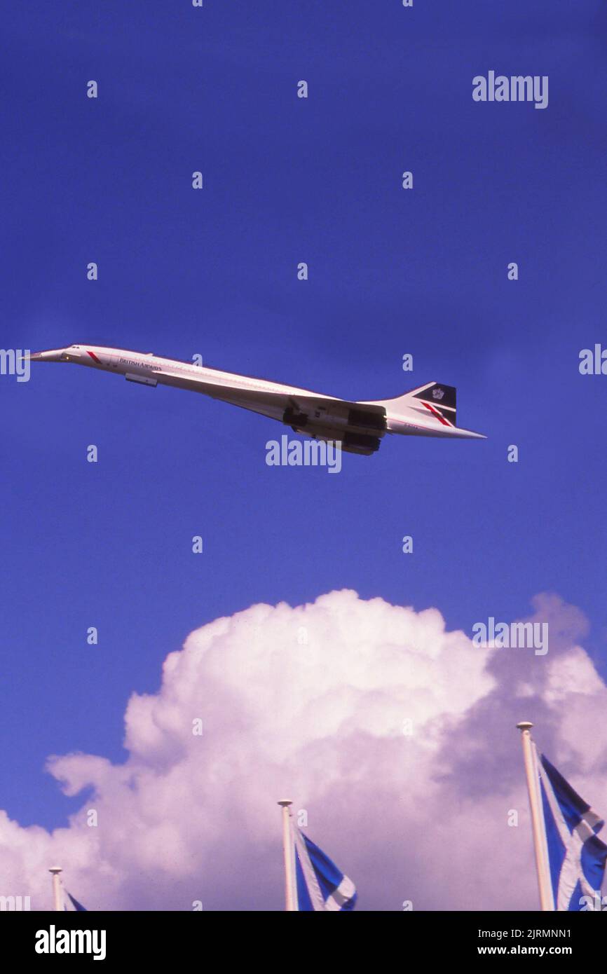 Scotland Ayrshire Prestwick British Airways Concorde auf dem Trainingsflug in Prestwick. (Gescannte 35-mm-Transparenz) Stockfoto