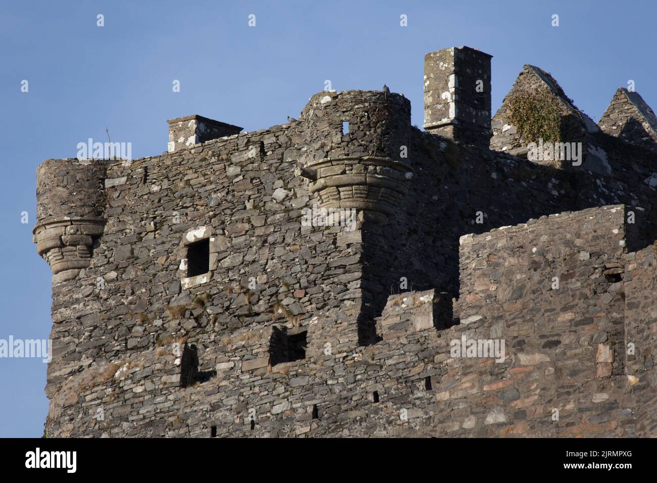 Halbinsel von Ardamurchan, Schottland. Malerische Nahaufnahme des historischen Schlosses Tioram auf der Insel Eilean Tioram. Stockfoto