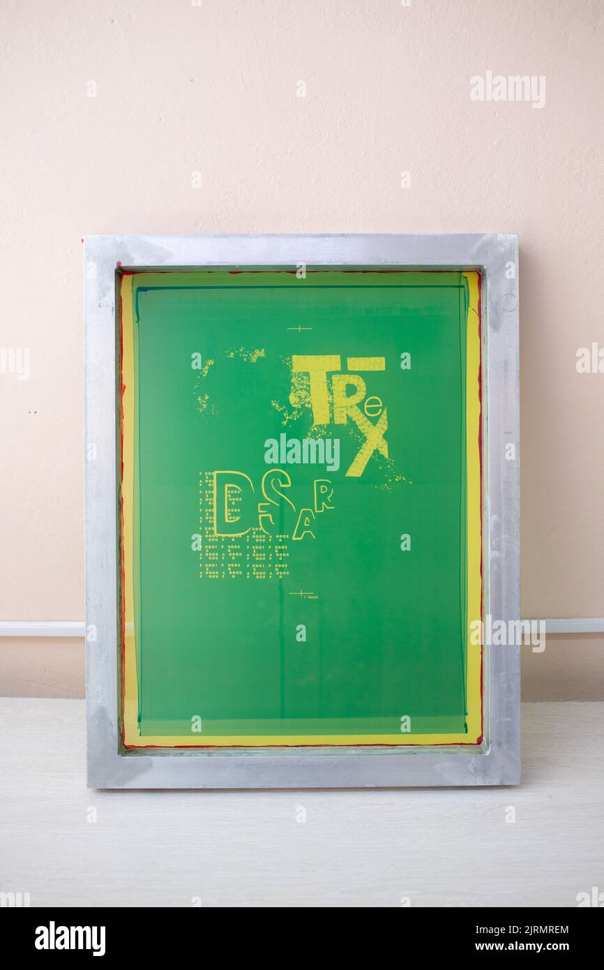Rahmen Muster für Siebdruck Siebdruck Siebdruck Prozess an Kleidung Werk Stockfoto