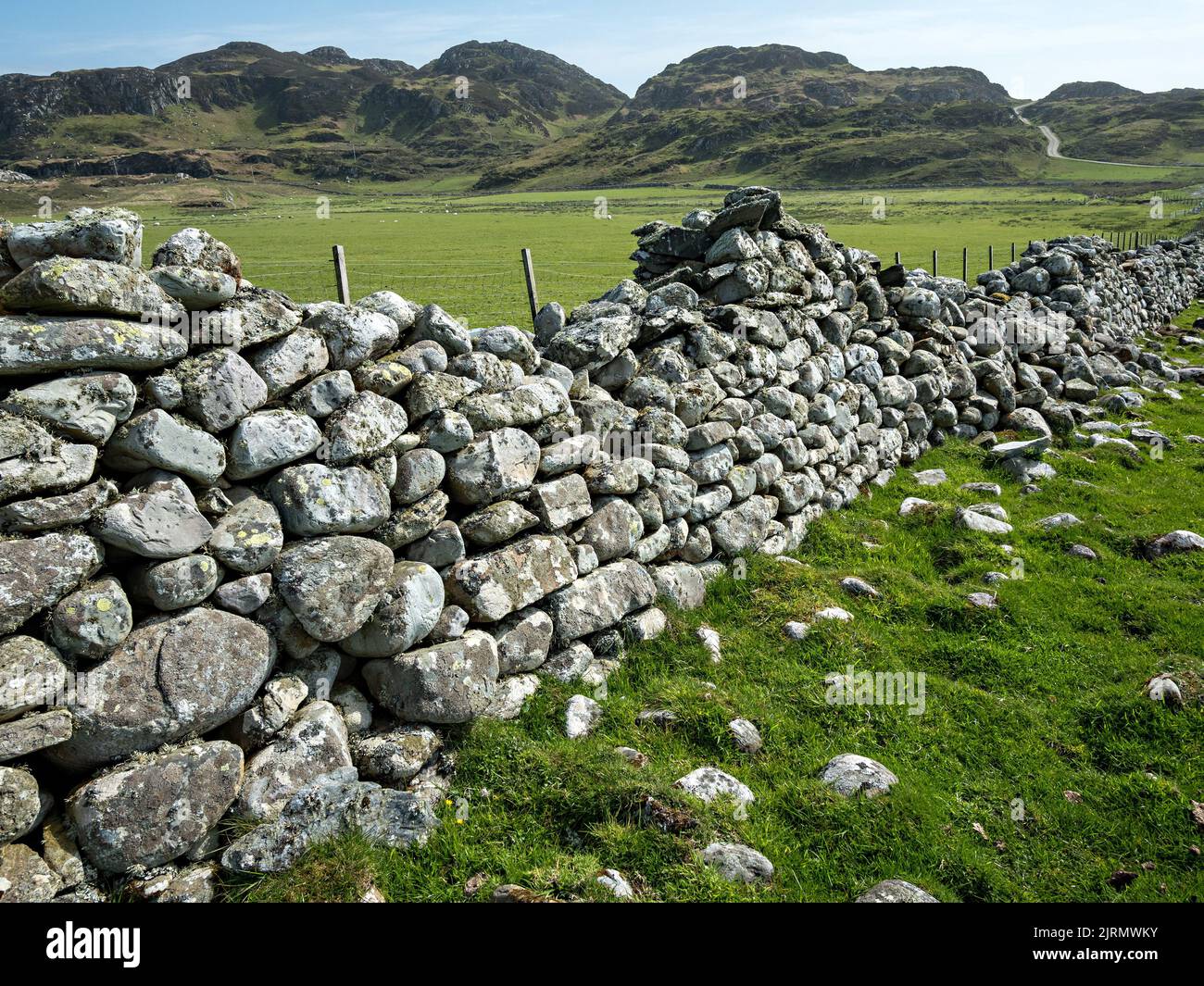 Alte, mit Flechten überzogene, trockene Steinwand aus runden Felsbrocken und Strandkieseln, Balnahard, Insel Colonsay, Schottland, Großbritannien Stockfoto