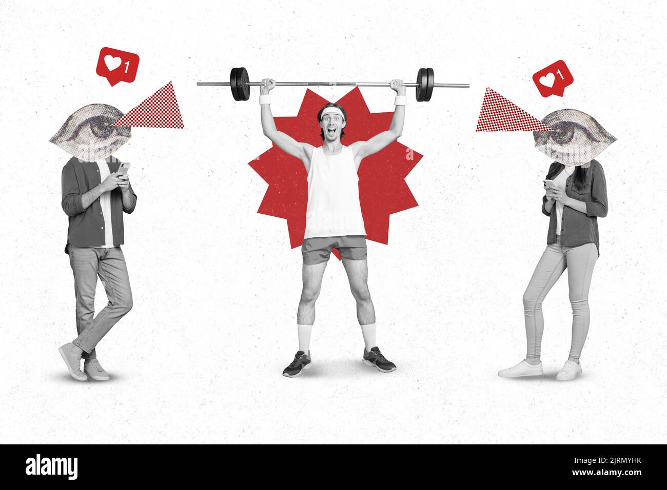 Poster Collage von Mann Workout Menschen folgen schwarz und weiß isoliert auf Zeichnung weißen Hintergrund Stockfoto