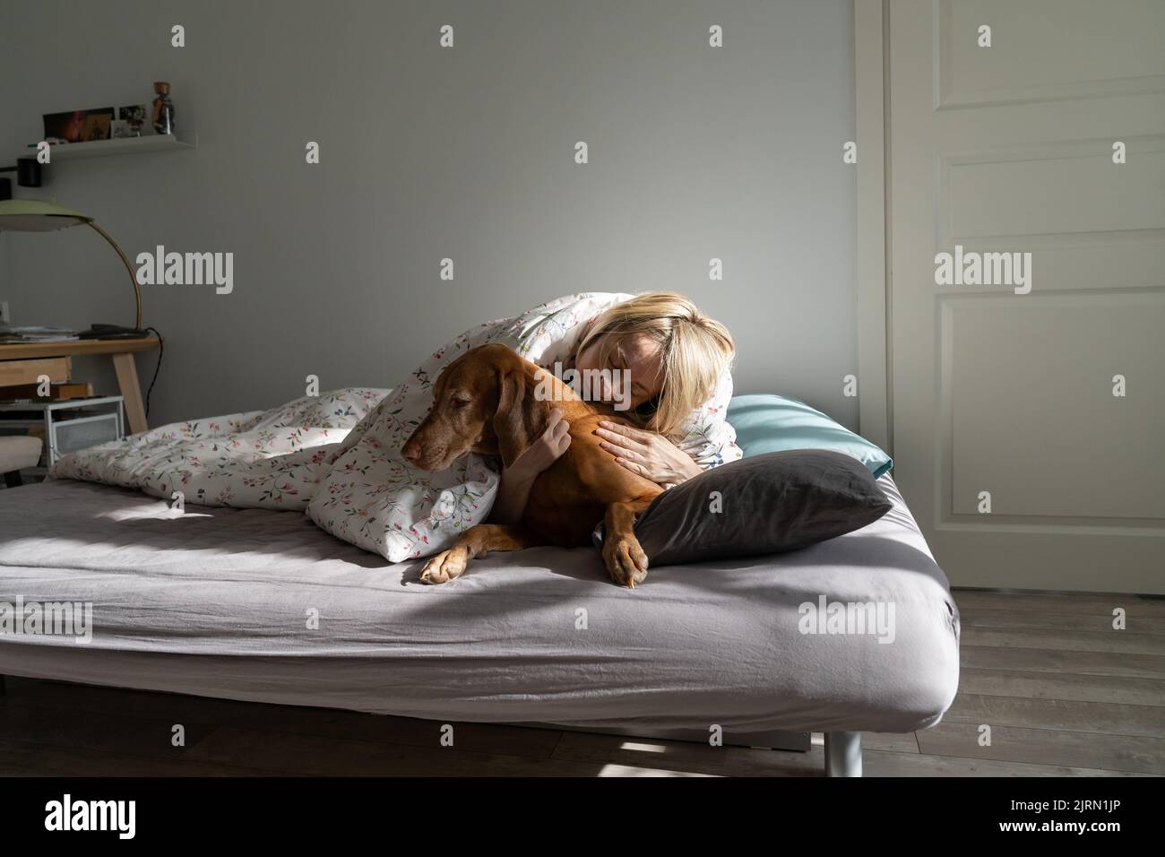 Frau mittleren Alters liegt mit Lieblingshund bedeckt mit einer warmen Decke auf dem Doppelbett Stockfoto