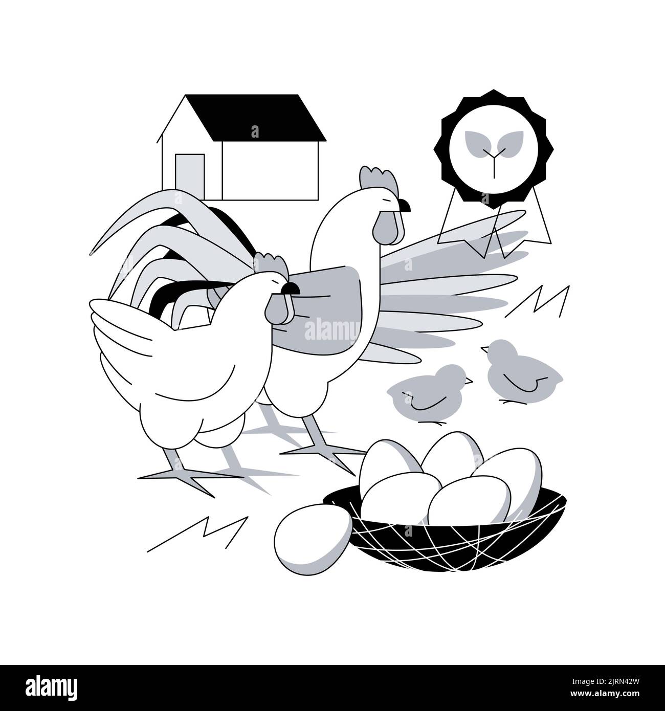 Freilaufiges Huhn und Eier abstraktes Konzept Vektor-Illustration. Käfigfreie Eier, Bio-Lebensmittel, nährstoffreiche Ernährung, glückliche Hühner, Lebensmittelkennzeichnung, Abstrakte Metapher für organische Zertifizierungen. Stock Vektor