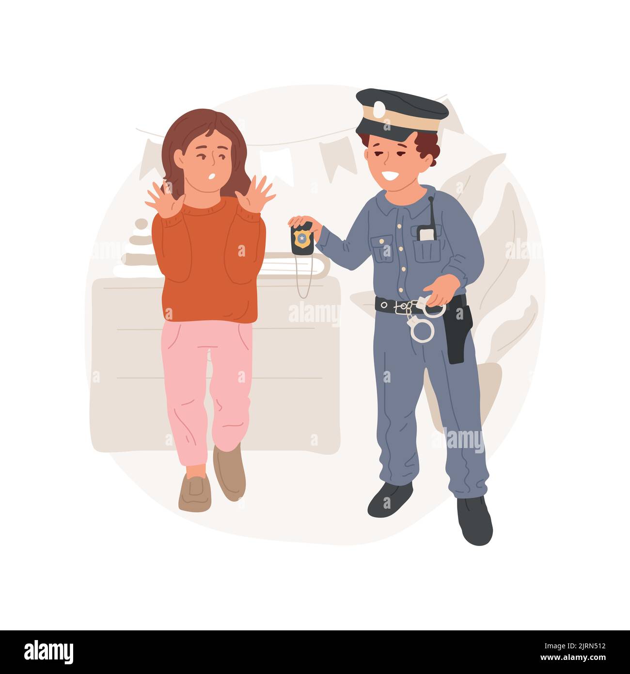 Polizei Detektiv Spiel isoliert Cartoon Vektor Illustration. Kinder-Rollenspiel, Kind täuscht Polizeidetektiv vor, löst Verbrechensspiel, Kind trägt Polizeiuniform, zeigt einen Abzeichen-Vektor-Cartoon. Stock Vektor
