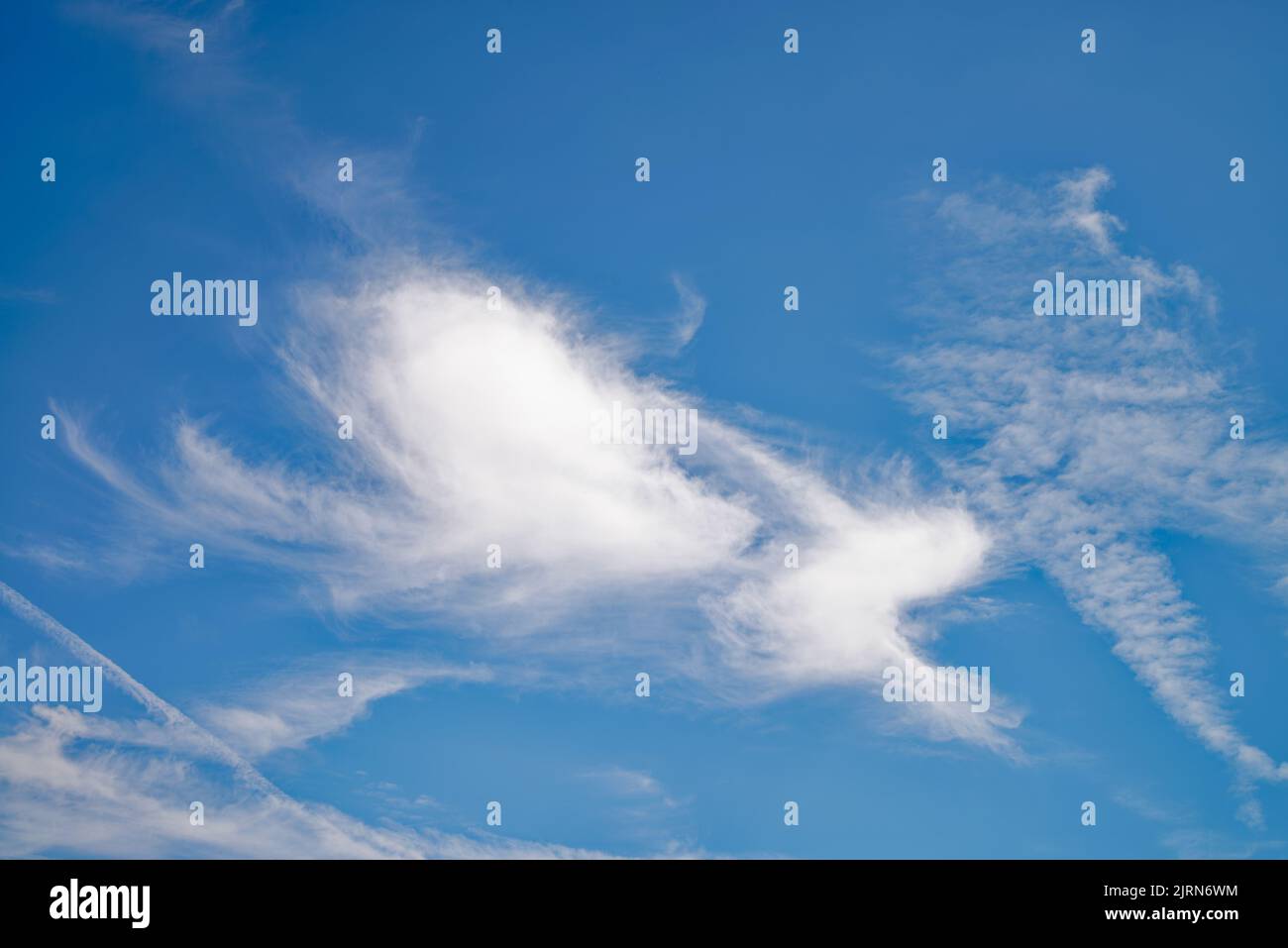 Zufällige abstrakte unregelmäßige Formen, die von wispy weißen Wolken in großer Höhe gegen einen tiefblauen Himmel gebildet werden Stockfoto