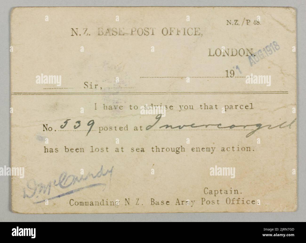 Postkarte an NZ Kriegsgefangener in Deutschland, 1. Weltkrieg, um 1918, Hersteller unbekannt. Stockfoto