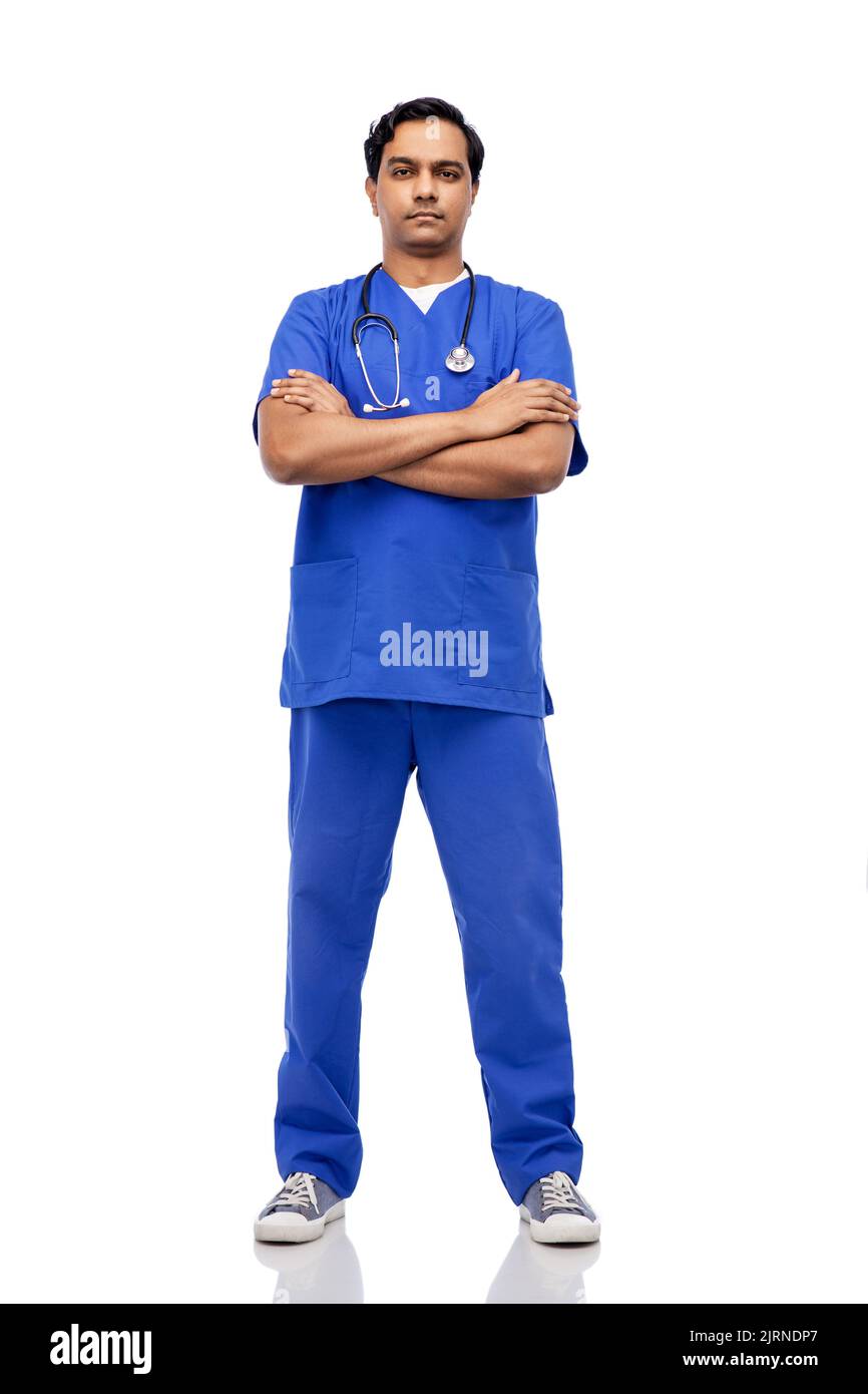 indischer Arzt oder Krankenschwester in blauer Uniform Stockfoto