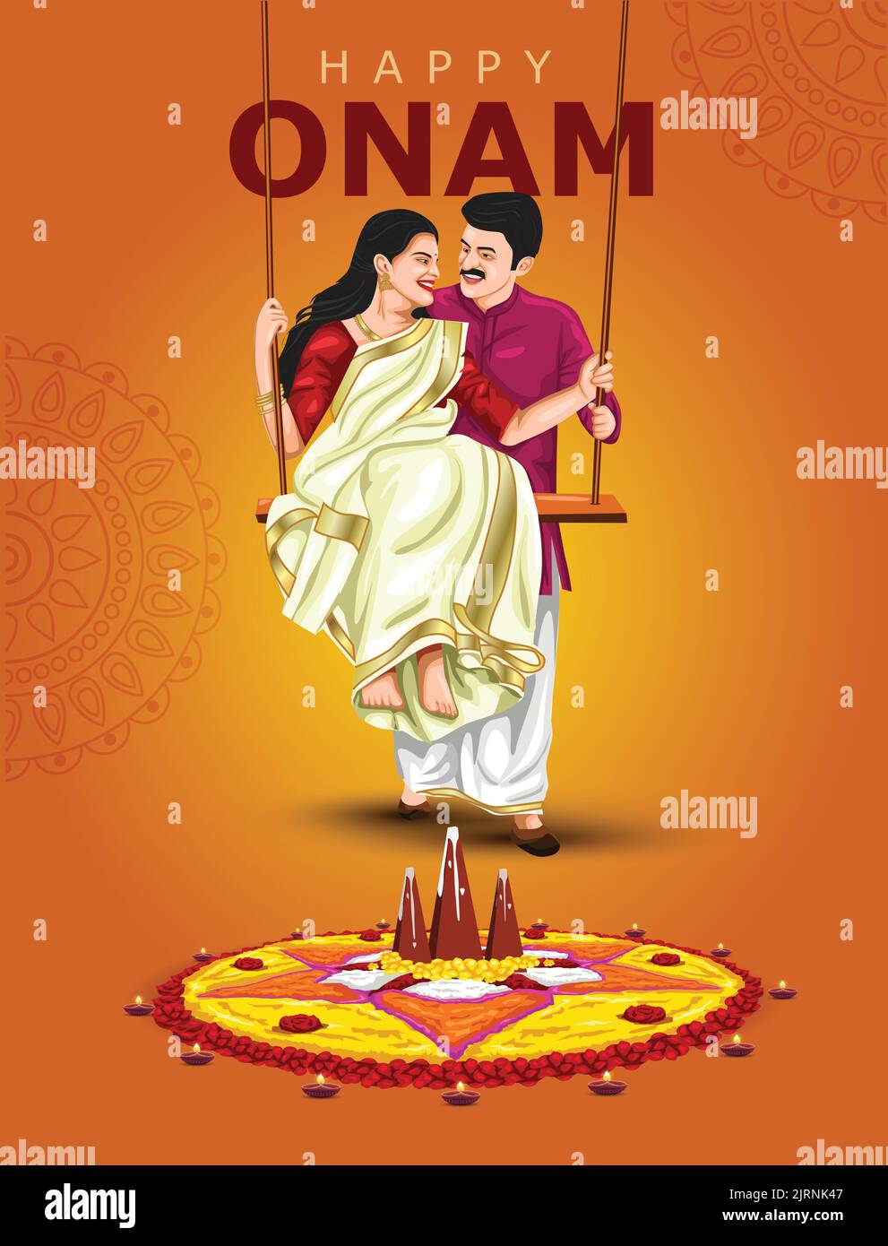 Happy onam Grüße Vektor-Illustration. Illustration der Kerala Familie auf Schaukel Stock Vektor