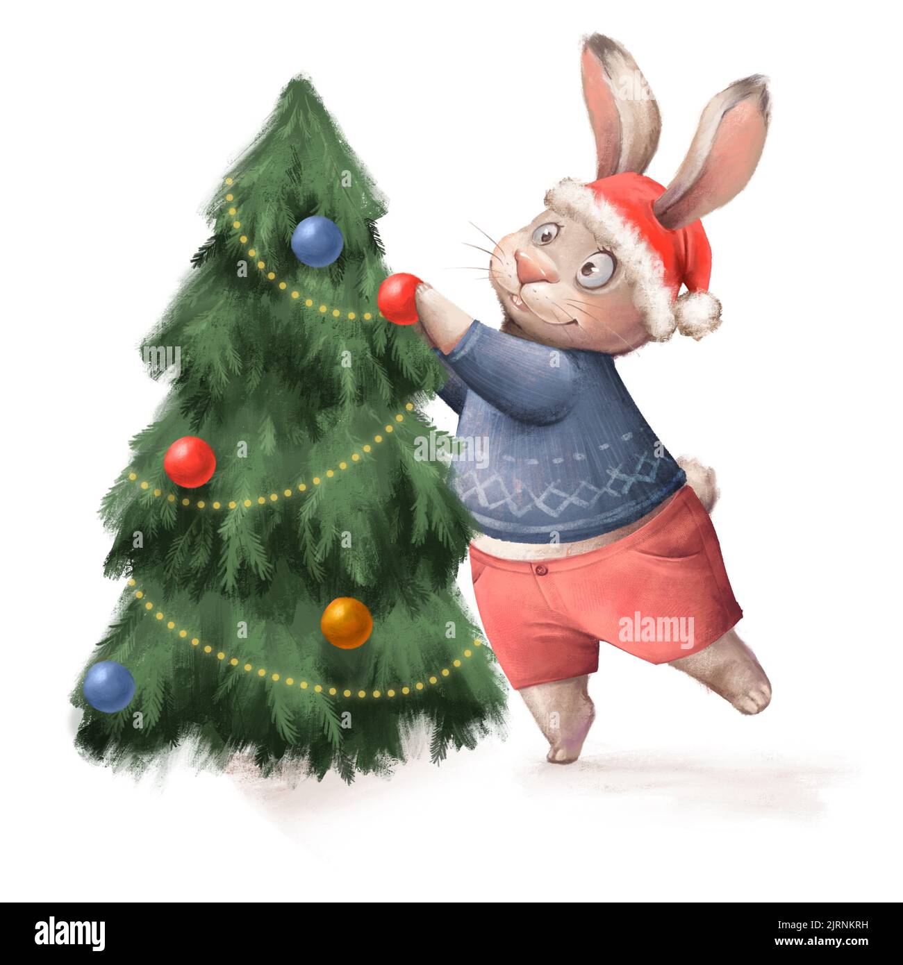 Weihnachtskarten-Design. Feiertagsdarstellung mit Hase und weihnachtsbaum Stockfoto